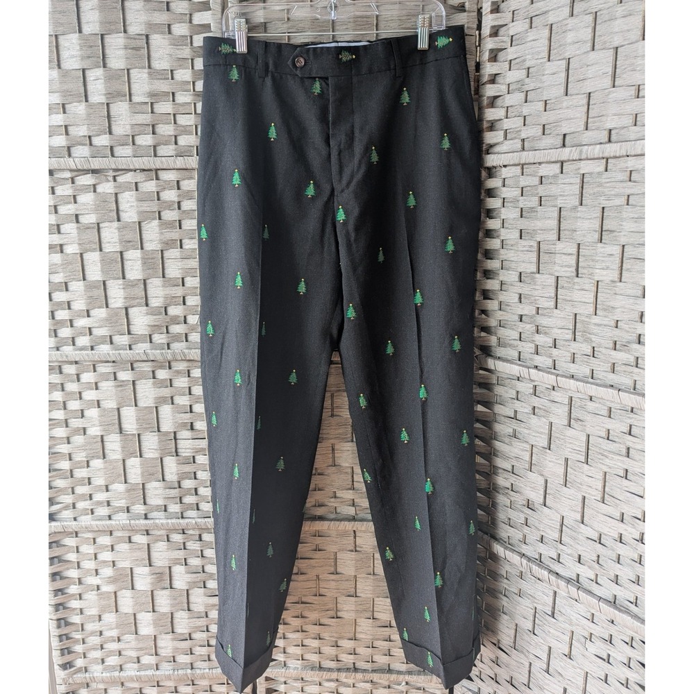 J. McLaughlin Dress Pants Charcoal Gray Black Embroidered Christmas Tree Sz 40